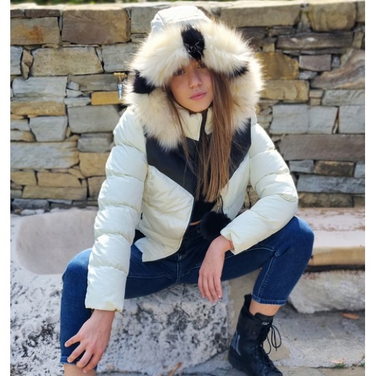 Дамско пухено яке с качулка, City Angels Jeans, Шампанско, 6823